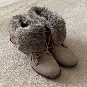 Express Taupe Faux-Fur Fold-Over Lace-Up Combat Boots